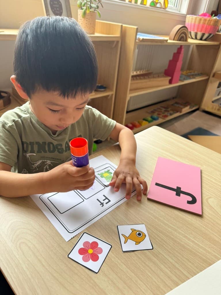 Letter F matching and gluing activity with picture cards