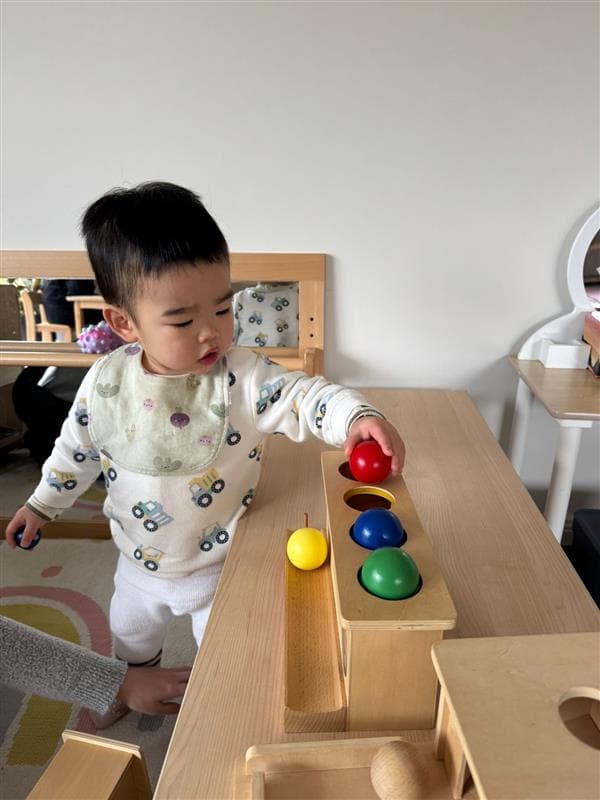 Toddler engaged in Montessori ball sorting activity