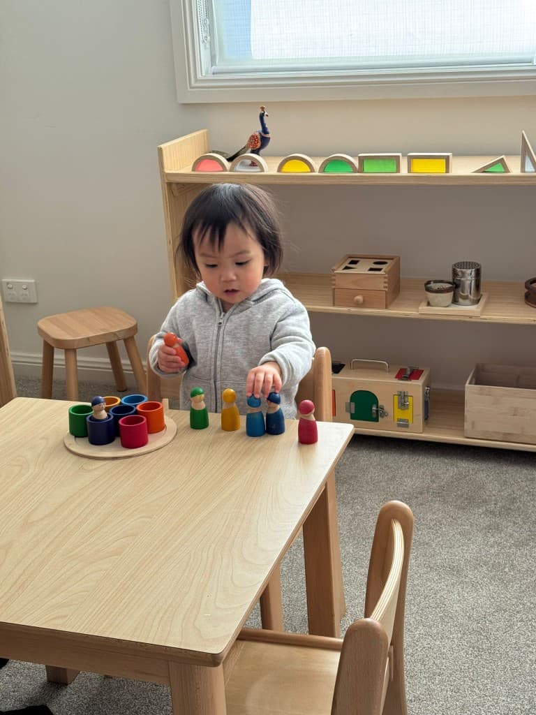 Toddler sorting coloured peg people